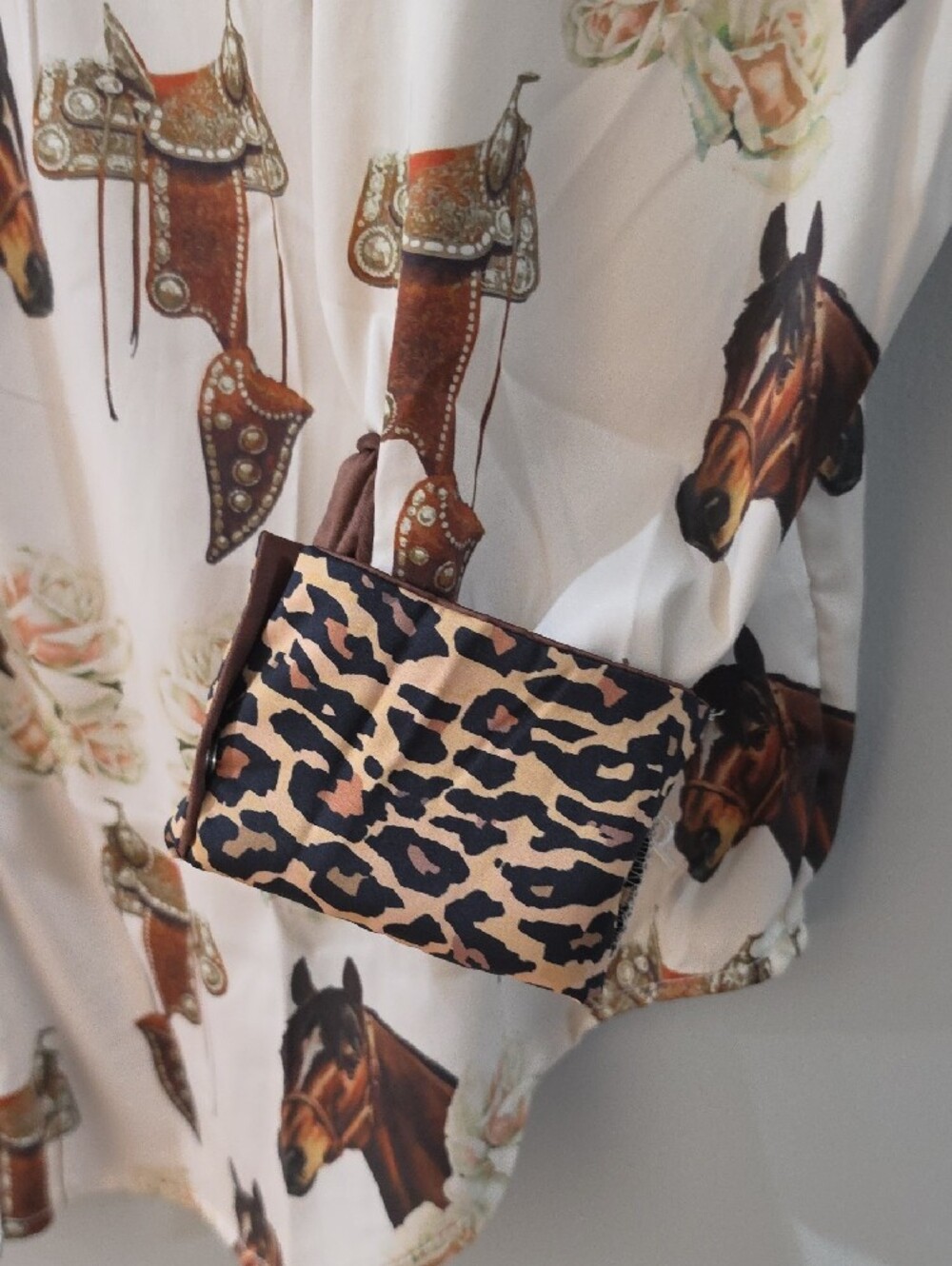 Cream Horse-Print Button Down Shirt with Leopard Trim - Picture 7 of 8